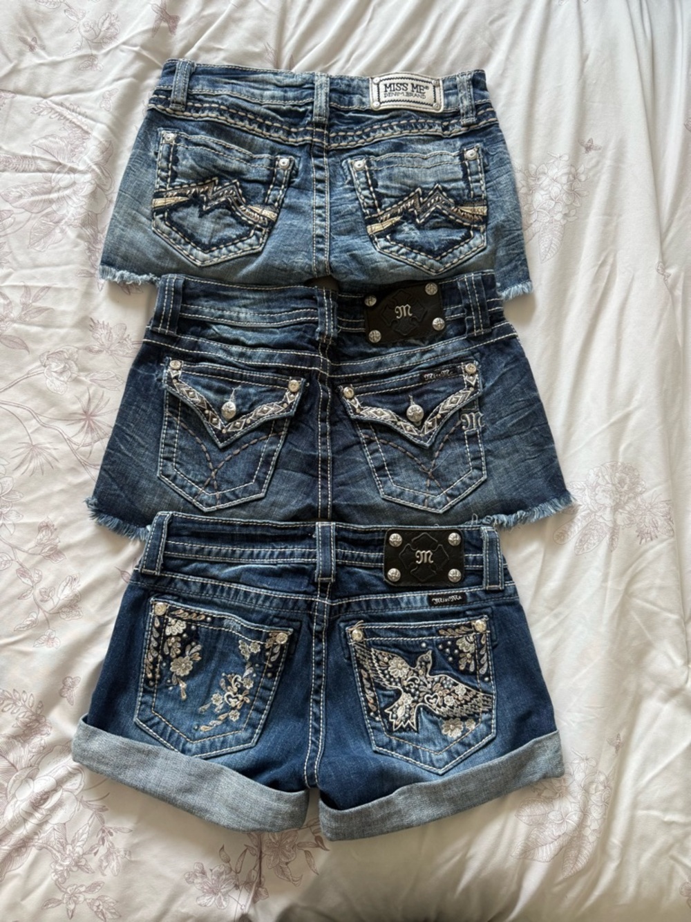 Miss Me | Y2K Denim Jean Shorts - Light to Dark Blue Embellished - 26